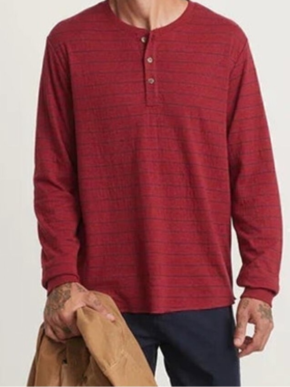Marine Layer Men's Double Knit Long Sleeve Striped Button-Front Henley Shirt L